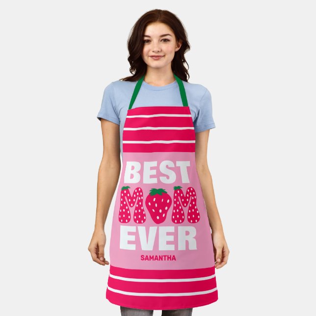 Tablier Meilleure maman personnalisée Fraise Fête des mère (Porté)