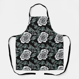 Tablier Metallic Silver Roses With Dark Green Leaves