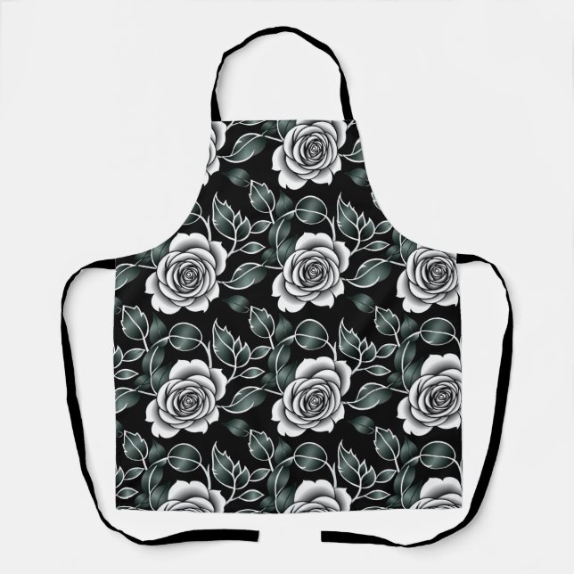 Tablier Metallic Silver Roses With Dark Green Leaves (Recto)