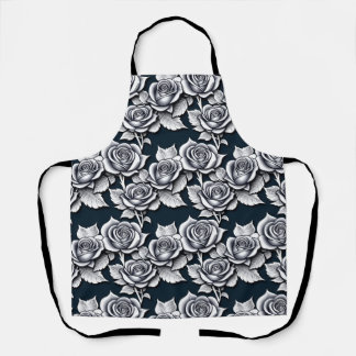 Tablier Metallic Silver Roses With Teal Leaves 