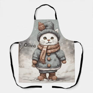Tablier Mignonne Noël Chat Snowman Aquarelle Whimsical