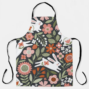 Tablier Mignons lapins blancs, motif vintage fleuri.
