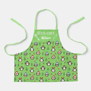 Tablier Mignons pingouins amusants sapins neige Sous-chef