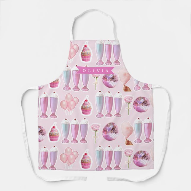 Tablier Milkshake Rose Rétro Personnalisé Coquette Mignonn (Recto)