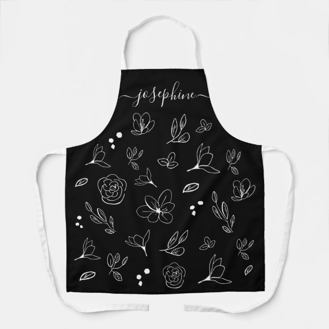 Tablier Minimal moderne noir blanc floral personnalisé (Recto)