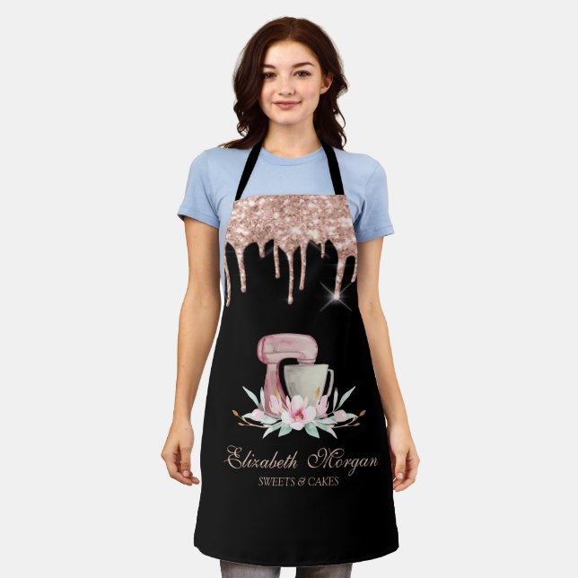 Tablier Mixer Fleurs Rose Gold Drives Boulangerie Noir (Porté)