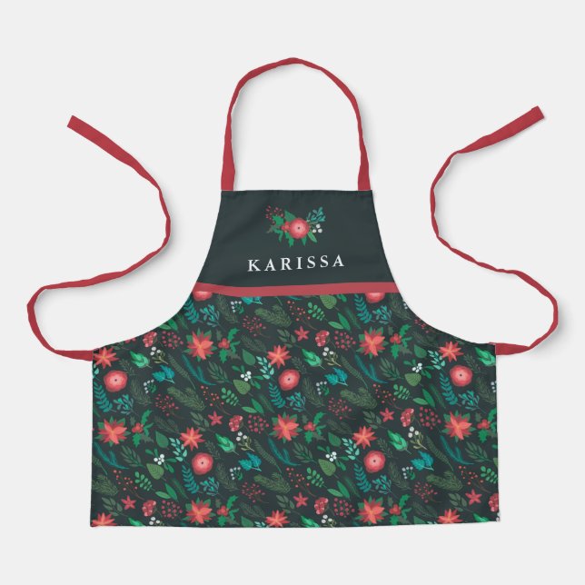 Tablier Modèle floral de Noël Jolies filles Nom Vert (Recto)