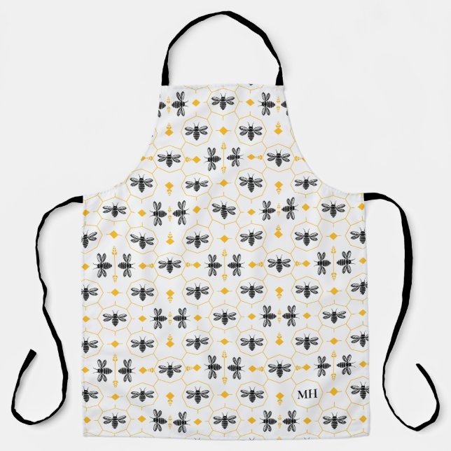 Tablier Modern Yellow Bee Pattern Elegant Black Monogram (Recto)