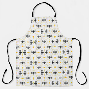Tablier Moderne Monogramme Noir Élégant à Motif de Abeille