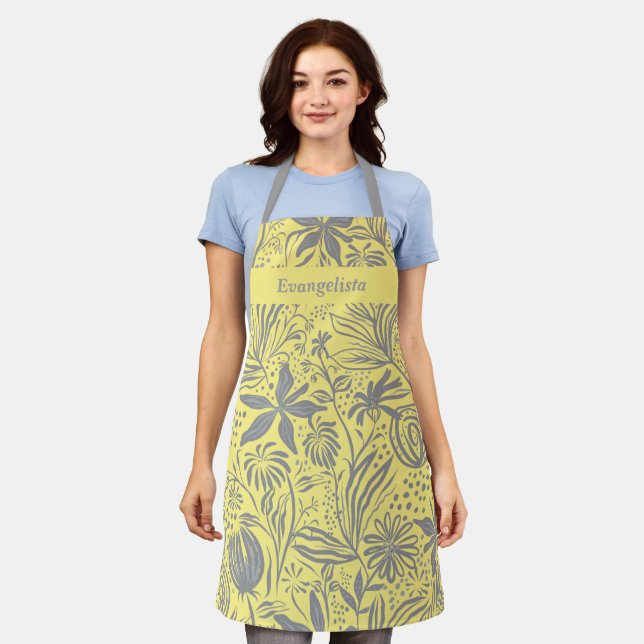 Tablier Moderne Personnalisé Gris Jaune Floral (Porté)