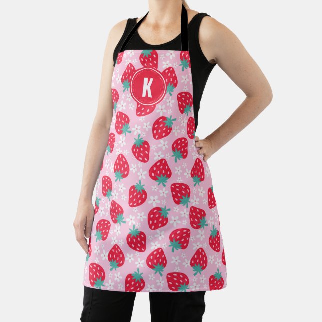 Tablier Monogramme à motif floral de fraises rouges roses (Insitu)