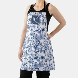 Tablier Monogramme à motif toile de Jouy fleuri bleu vinta
