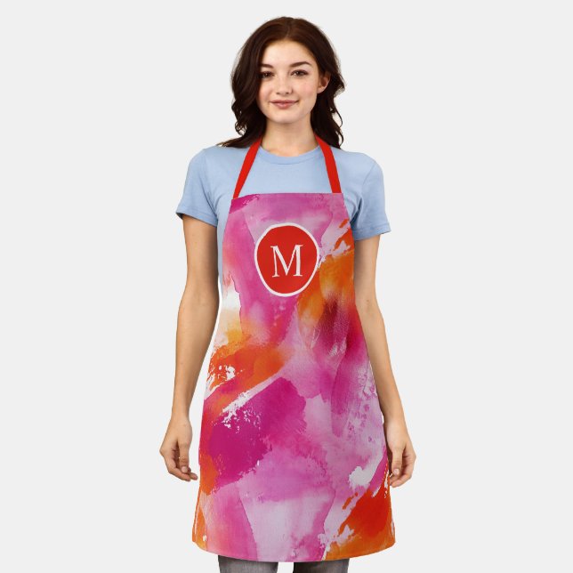 Tablier Monogramme Aquarelle rose orange Abstrait (Porté)