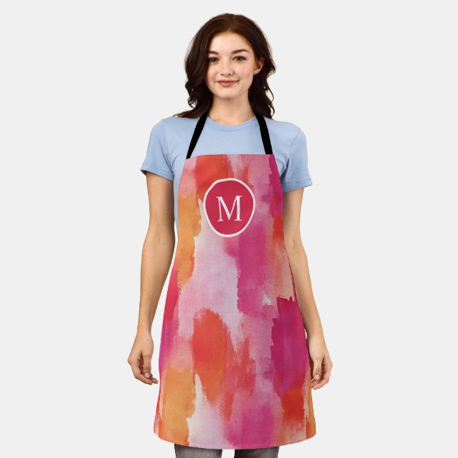 Tablier Monogramme Aquarelle rose orange Abstrait (Porté)