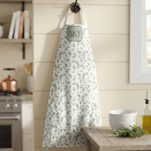 Tablier Monogramme aquarelle vert sauge motif chic olive