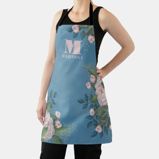 Tablier Monogramme bleu Personnalisé rose Roses floraux (Insitu)