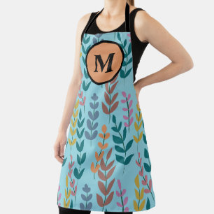 Tablier Monogramme botanique jaune gris bleu orange rose
