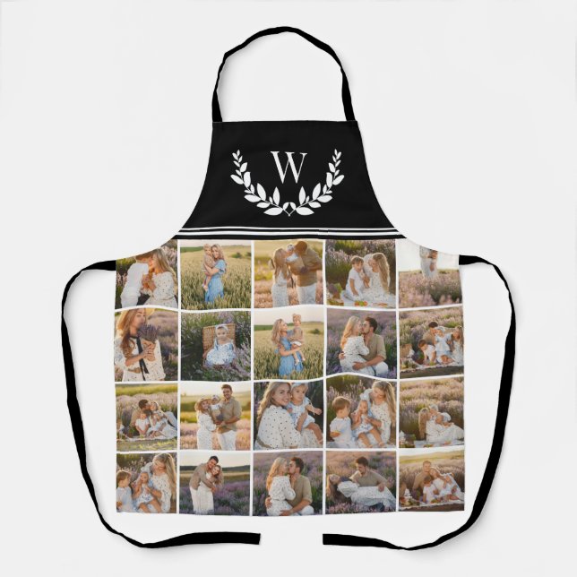 Tablier Monogramme de Laurel Wreath Black Photo Collage (Recto)