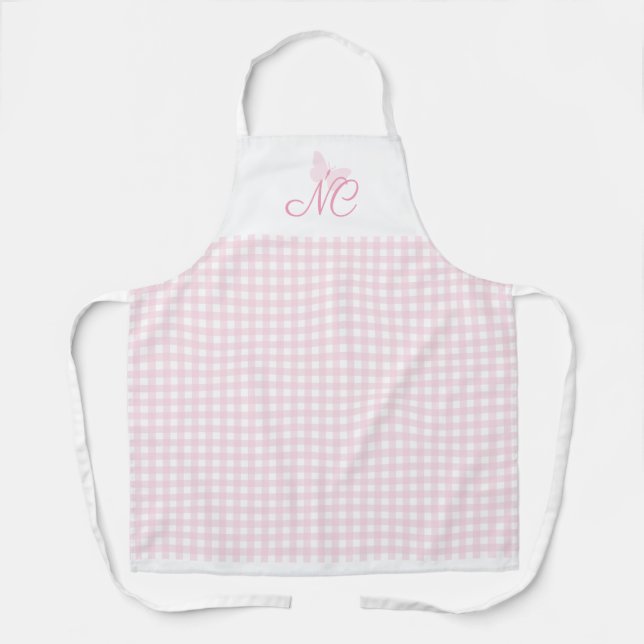 Tablier Monogramme de papillon rose vierge En vichy chèque (Recto)
