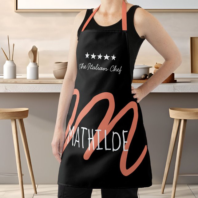 Tablier Monogramme de script moderne rose noir personnalis (Personalized Black Pink Modern Script Monogram Apron)