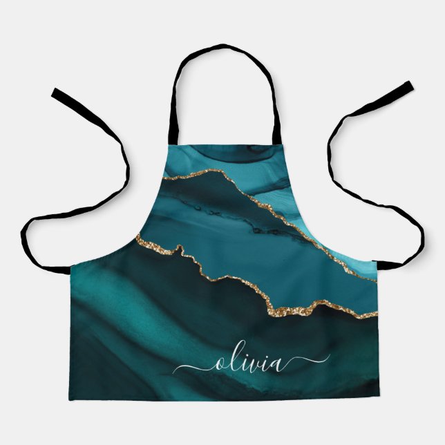 Tablier Monogramme doré géode de bleu sarcelle vert aqua (Recto)