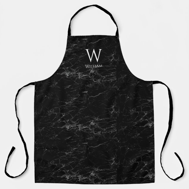 Tablier Monogramme en marbre noir Moderne Elégant Nom blan (Recto)