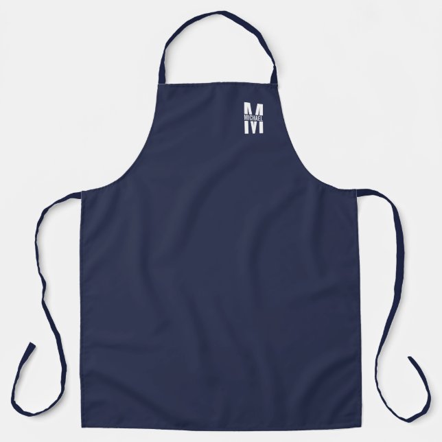 Tablier Monogramme et nom personnalisés bleu marine (Recto)