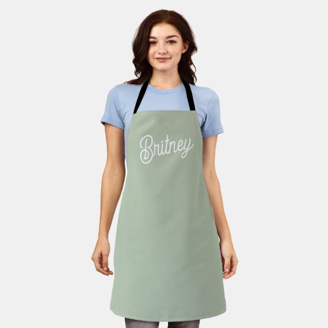 Tablier Monogramme et nom personnalisés de Sage Vert moder (Porté)