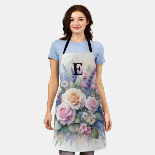 Tablier Monogramme et nom sur Fleurs à l'aquarelle en past