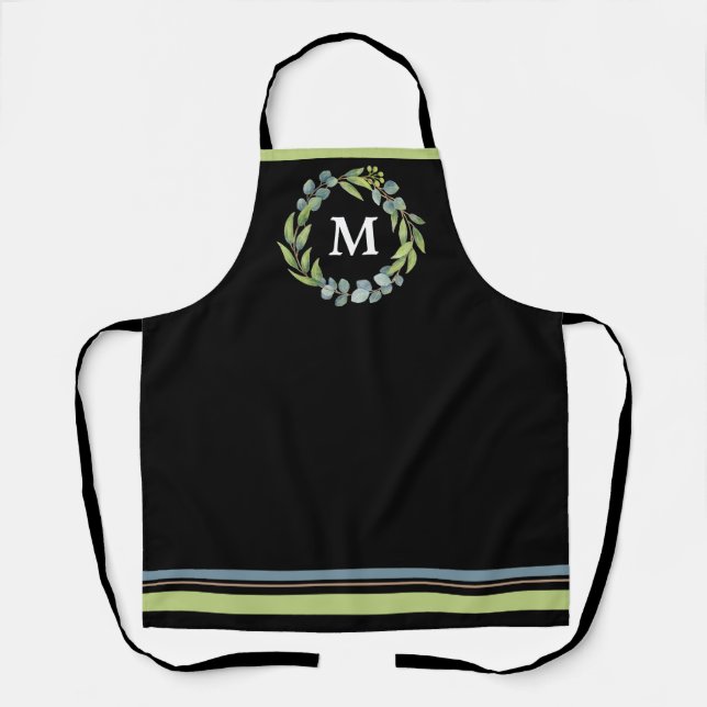 Tablier Monogramme Eucalyptus couronne florale sur noir (Recto)