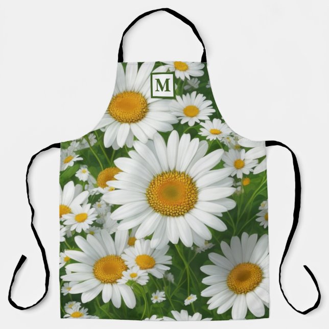 Tablier Monogramme floral blanc motif marguerite classique (Recto)