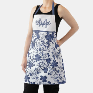 Tablier Monogramme floral bleu et gris