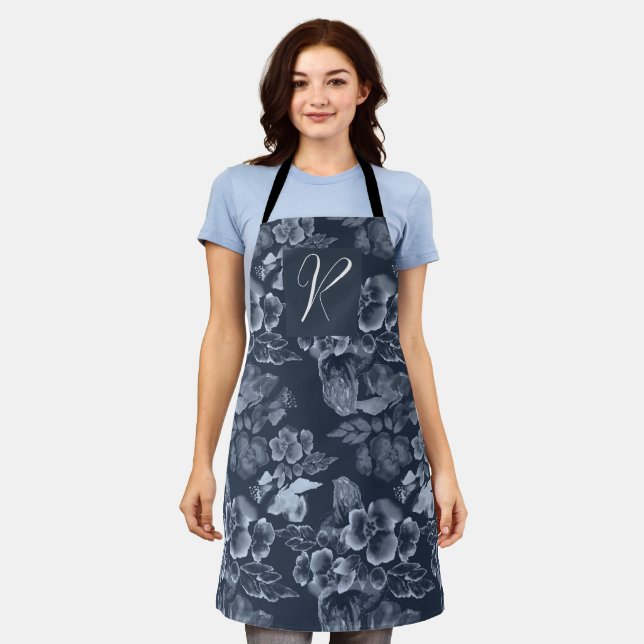 Tablier Monogramme floral bleu marine de luxe et argent (Porté)
