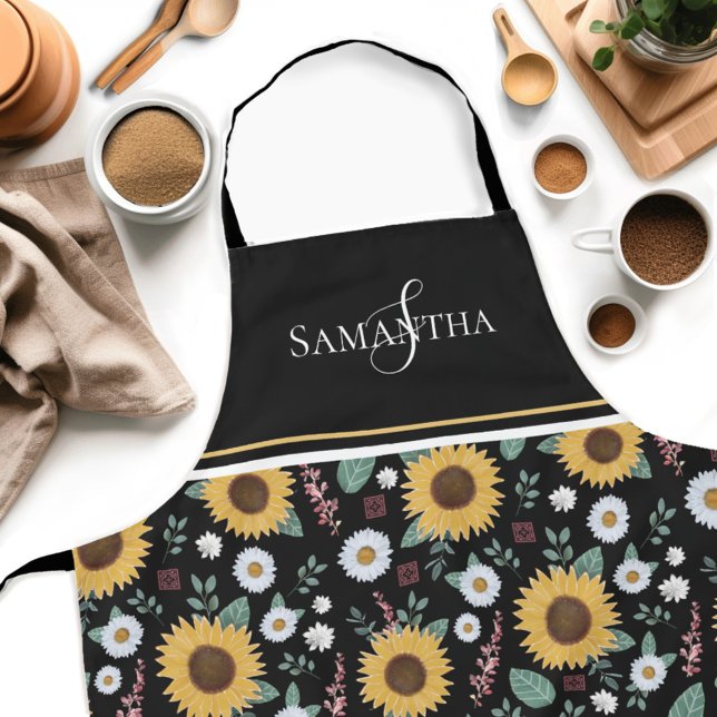 Tablier Monogramme floral de tournesol (Get creative in the kitchen with our personalized Country Sunflower Womens apron! )