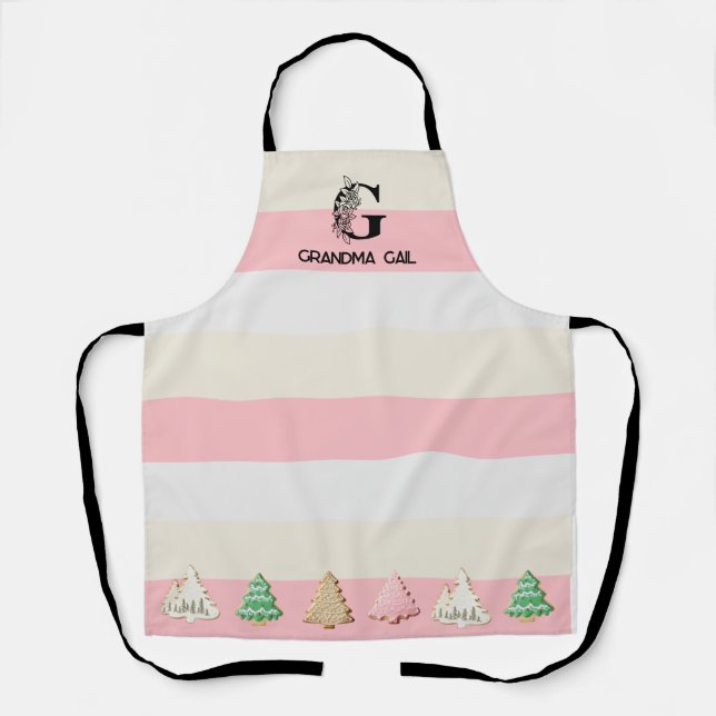 Tablier Monogramme floral rayé rose Noël Cookie (Recto)
