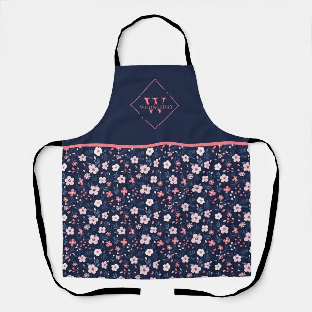 Tablier Monogramme floral rose bleu marine moderne (Recto)