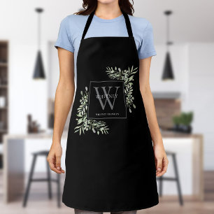 Tablier Monogramme Gris Feuilles de Verdure Aquarelle Noir