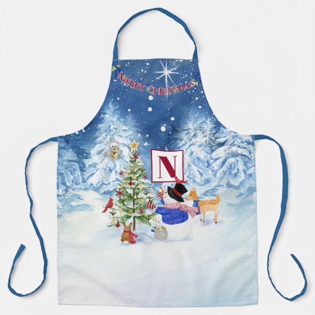 Tablier Monogramme Joyeux Noël Snowman Star Nuit de neige (Recto)