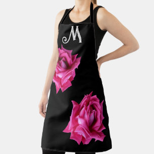 Tablier Monogramme M personnalisable rose floral rose vif
