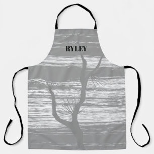 Tablier Monogramme moderne de branche d'arbre gris et blan