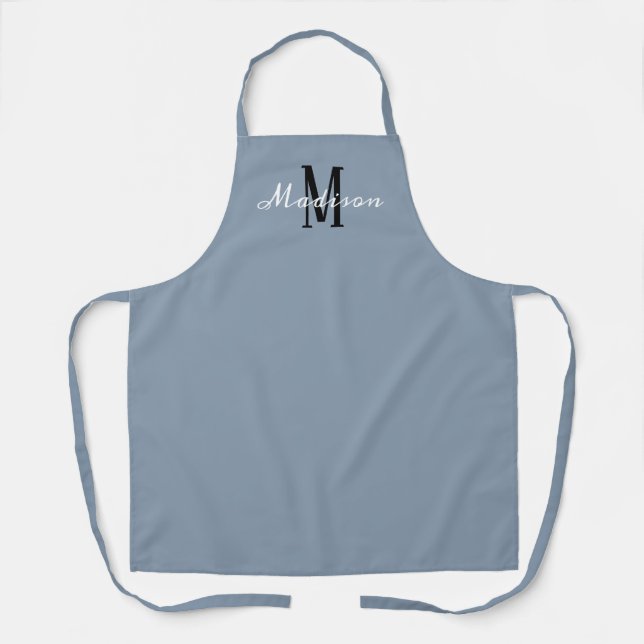 Tablier Monogramme moderne Dusty Blue White Script Nom (Recto)