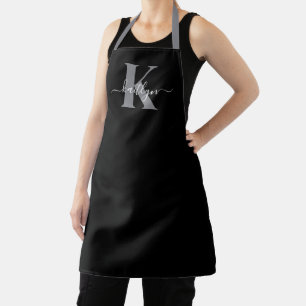 Tablier Monogramme moderne gris noir script