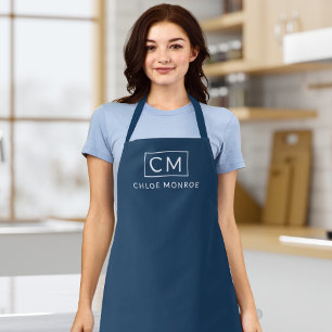 Tablier Monogramme moderne minimal Nom Classic Bleu