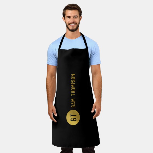 Tablier Monogramme moderne noir & or élégant personnalisé (Porté)