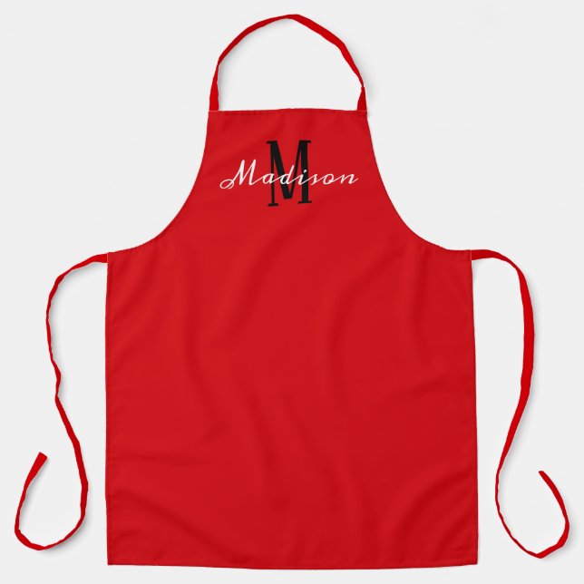 Tablier Monogramme moderne rouge et blanc Personnalisé (Recto)