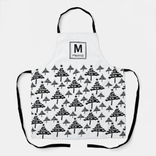 Tablier Monogramme Motif d'arbre de Noël noir et blanc