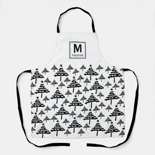 Tablier Monogramme Motif d'arbre de Noël noir et blanc (Recto)