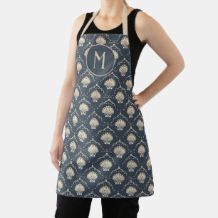 Tablier Monogramme Motif de coquillage bleu profond et crè