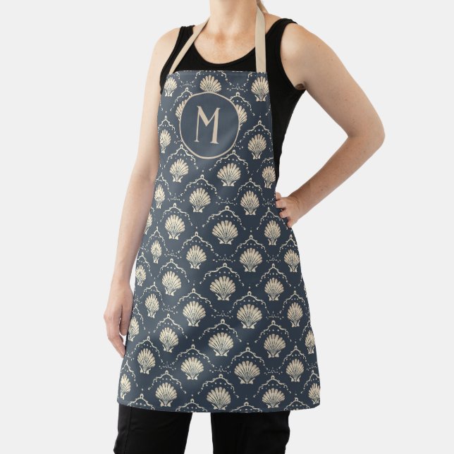 Tablier Monogramme Motif de coquillage bleu profond et crè (Insitu)