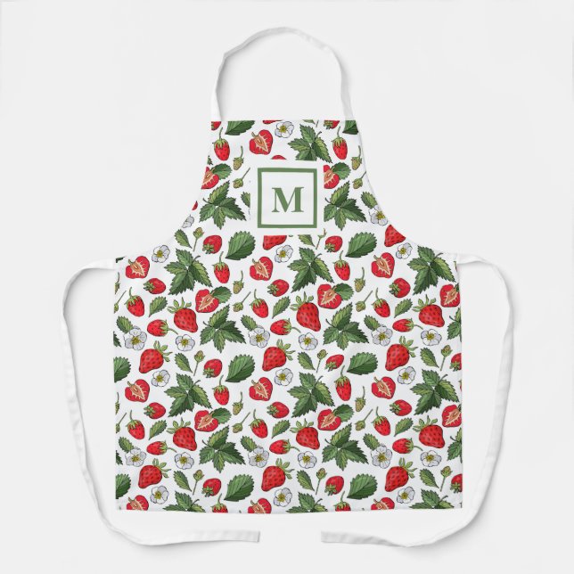 Tablier Monogramme Motif de fleurs de fraises modernes (Recto)